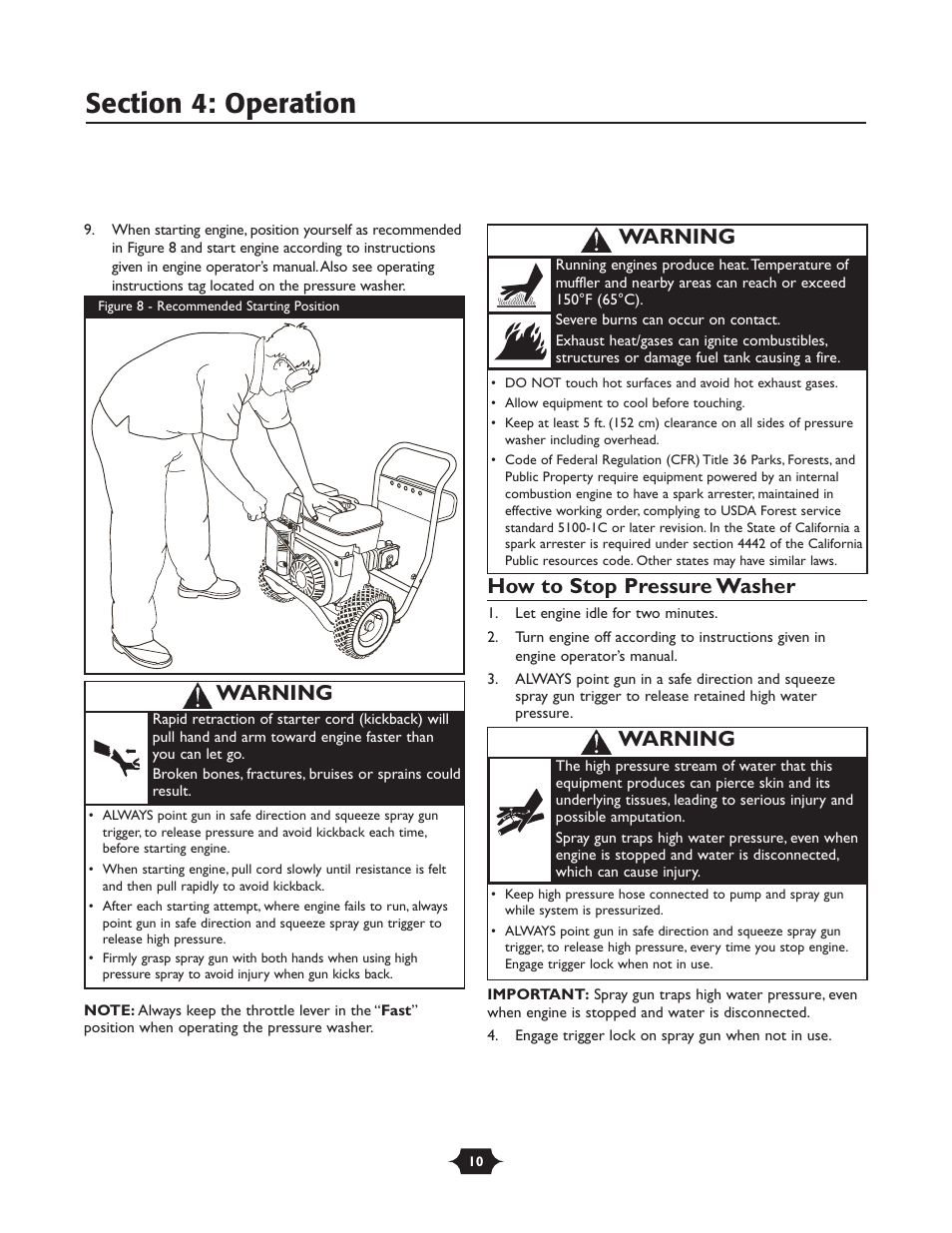 How to stop pressure washer, Warning | Briggs & Stratton 20258 User Manual | Page 10 / 36