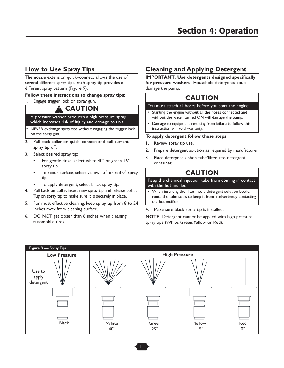 How to use spray tips, Cleaning and applying detergent, Caution | Briggs & Stratton 20258 User Manual | Page 11 / 36