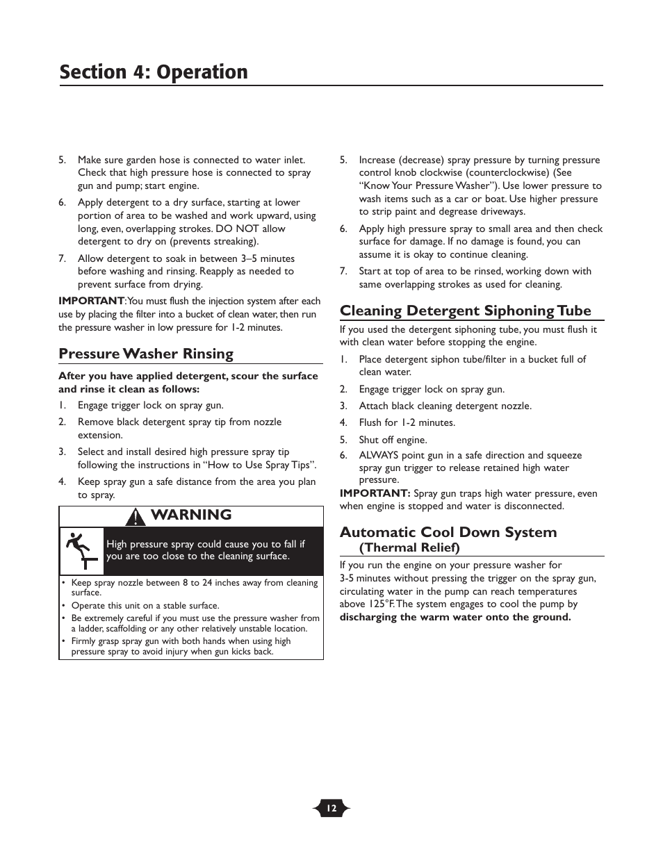 Pressure washer rinsing, Cleaning detergent siphoning tube, Automatic cool down system | Warning | Briggs & Stratton 20258 User Manual | Page 12 / 36