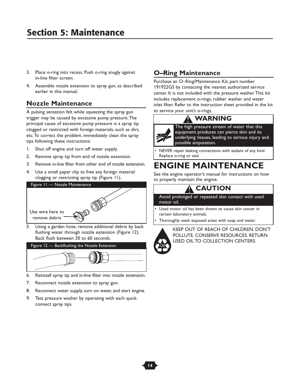 Engine maintenance, Nozzle maintenance, O–ring maintenance | Caution, Warning | Briggs & Stratton 20258 User Manual | Page 14 / 36