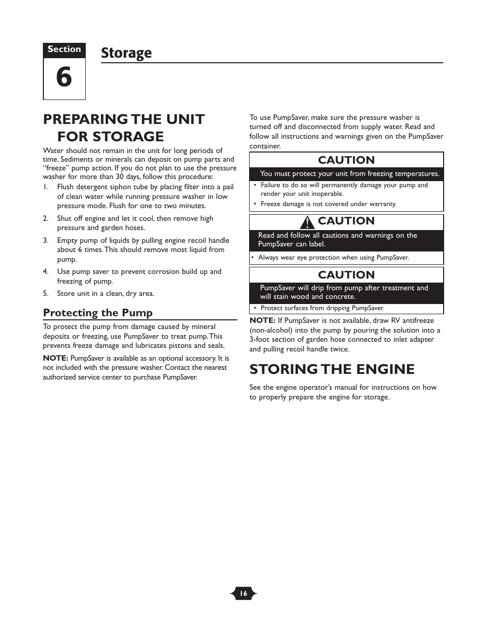 Preparing the unit for storage, Storing the engine, Storage | Briggs & Stratton 20258 User Manual | Page 16 / 36