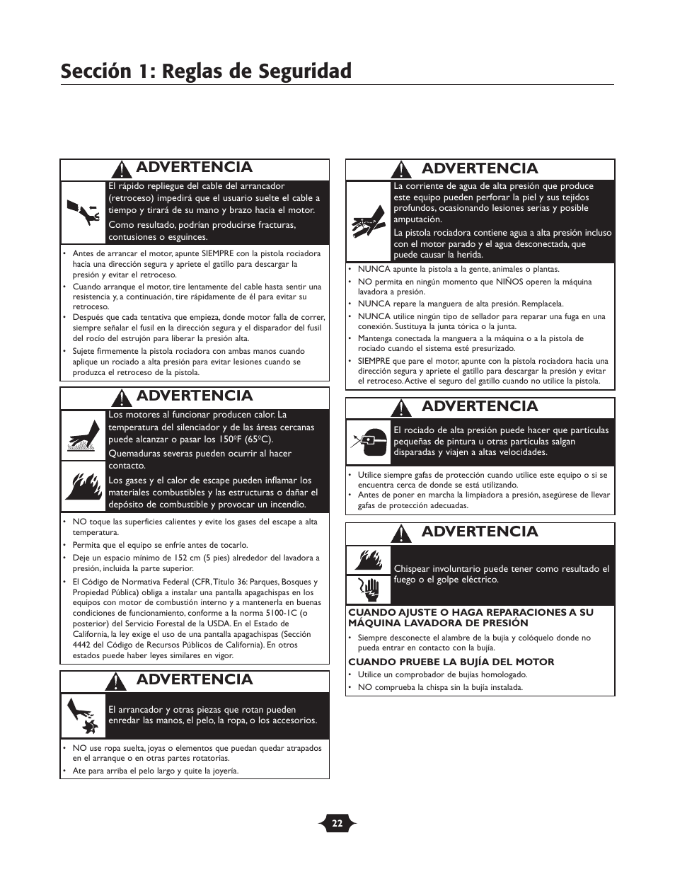 Sección 1: reglas de seguridad, Advertencia | Briggs & Stratton 20258 User Manual | Page 22 / 36