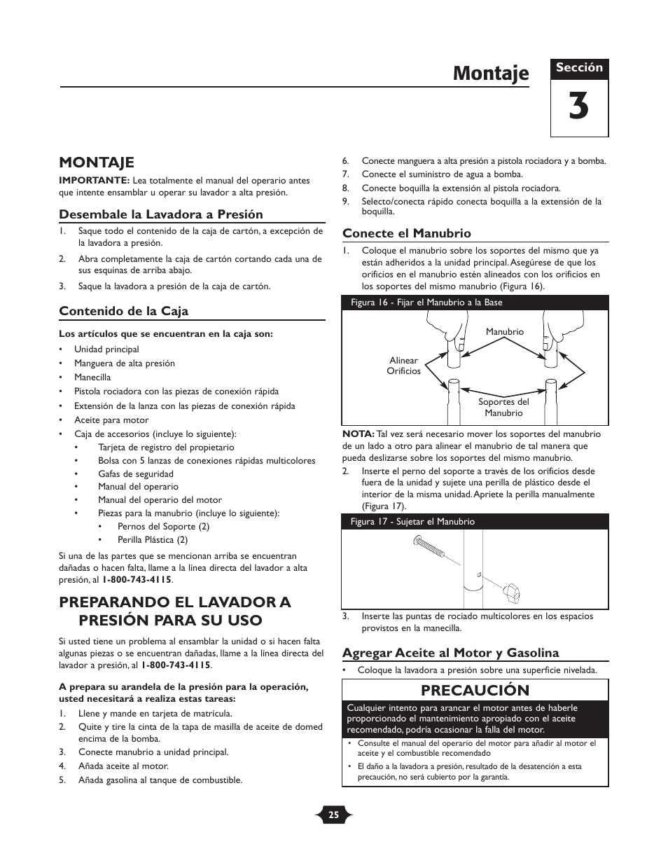 Montaje, Preparando el lavador a presión para su uso, Precaución | Briggs & Stratton 20258 User Manual | Page 25 / 36