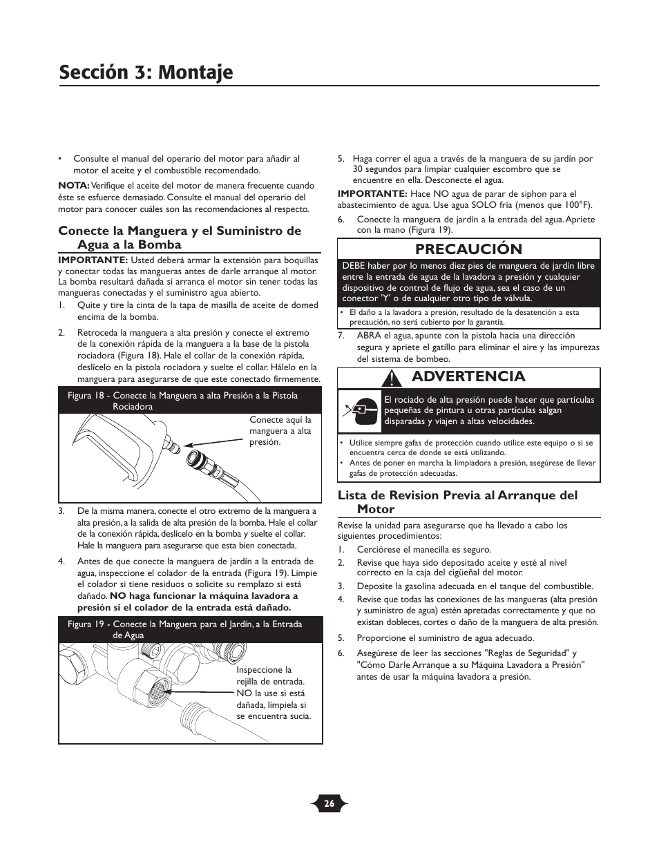 Sección 3: montaje, Precaución, Advertencia | Briggs & Stratton 20258 User Manual | Page 26 / 36