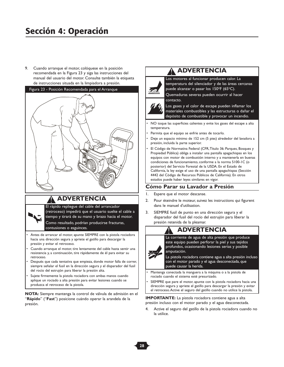Sección 4: operación, Advertencia, Cómo parar su lavador a presión | Briggs & Stratton 20258 User Manual | Page 28 / 36