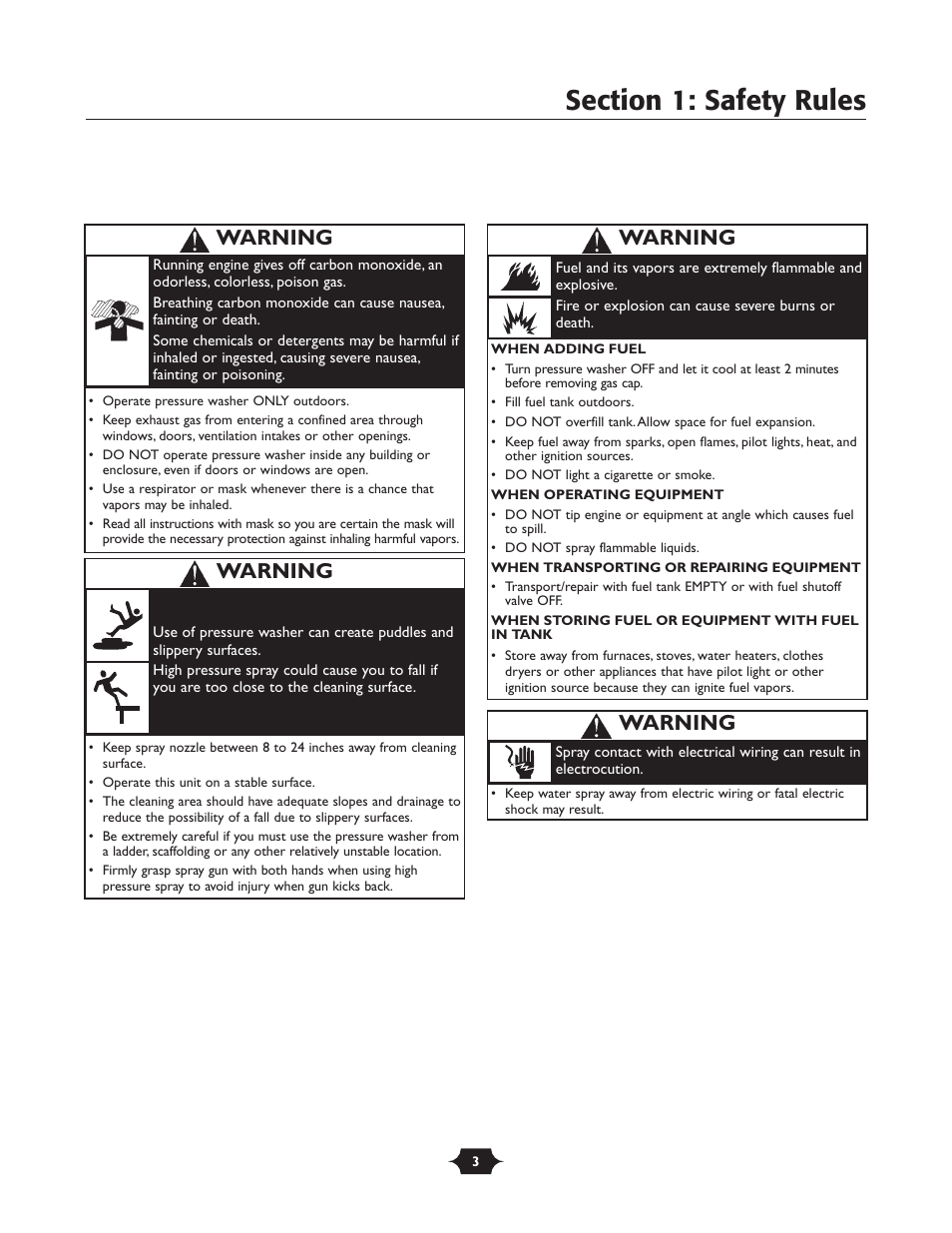 Warning | Briggs & Stratton 20258 User Manual | Page 3 / 36
