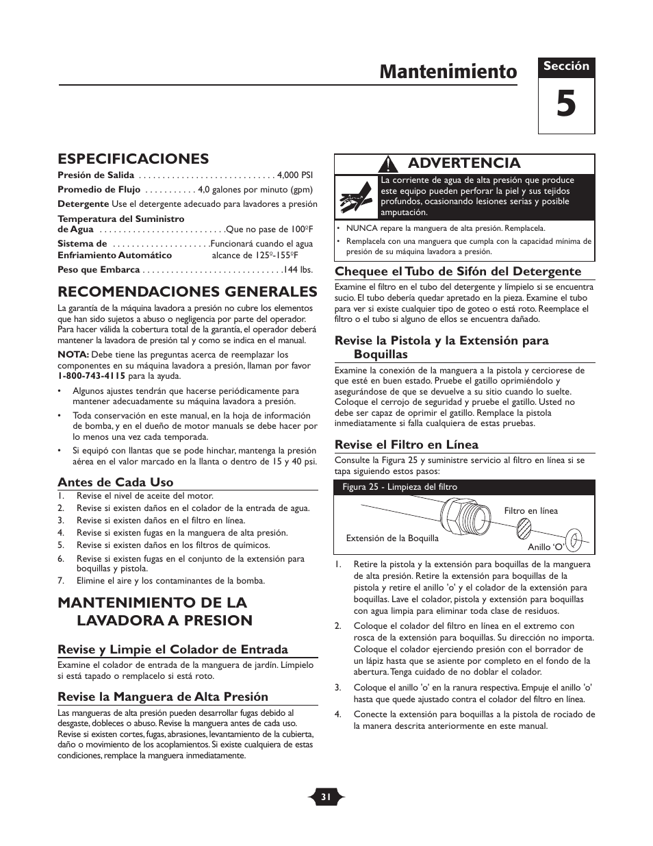 Mantenimiento, Especificaciones, Recomendaciones generales | Mantenimiento de la lavadora a presion, Advertencia | Briggs & Stratton 20258 User Manual | Page 31 / 36