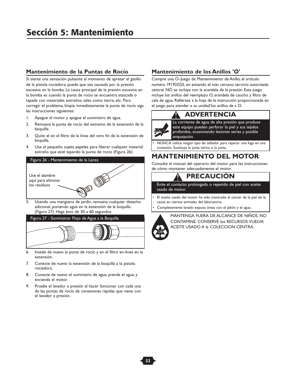 Sección 5: mantenimiento, Mantenimiento del motor, Precaución | Advertencia | Briggs & Stratton 20258 User Manual | Page 32 / 36