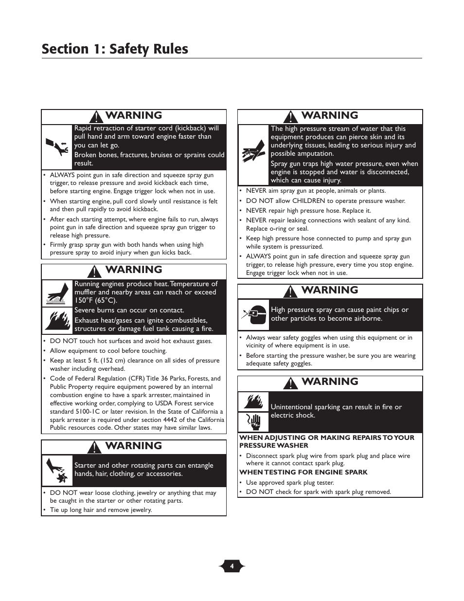 Warning | Briggs & Stratton 20258 User Manual | Page 4 / 36