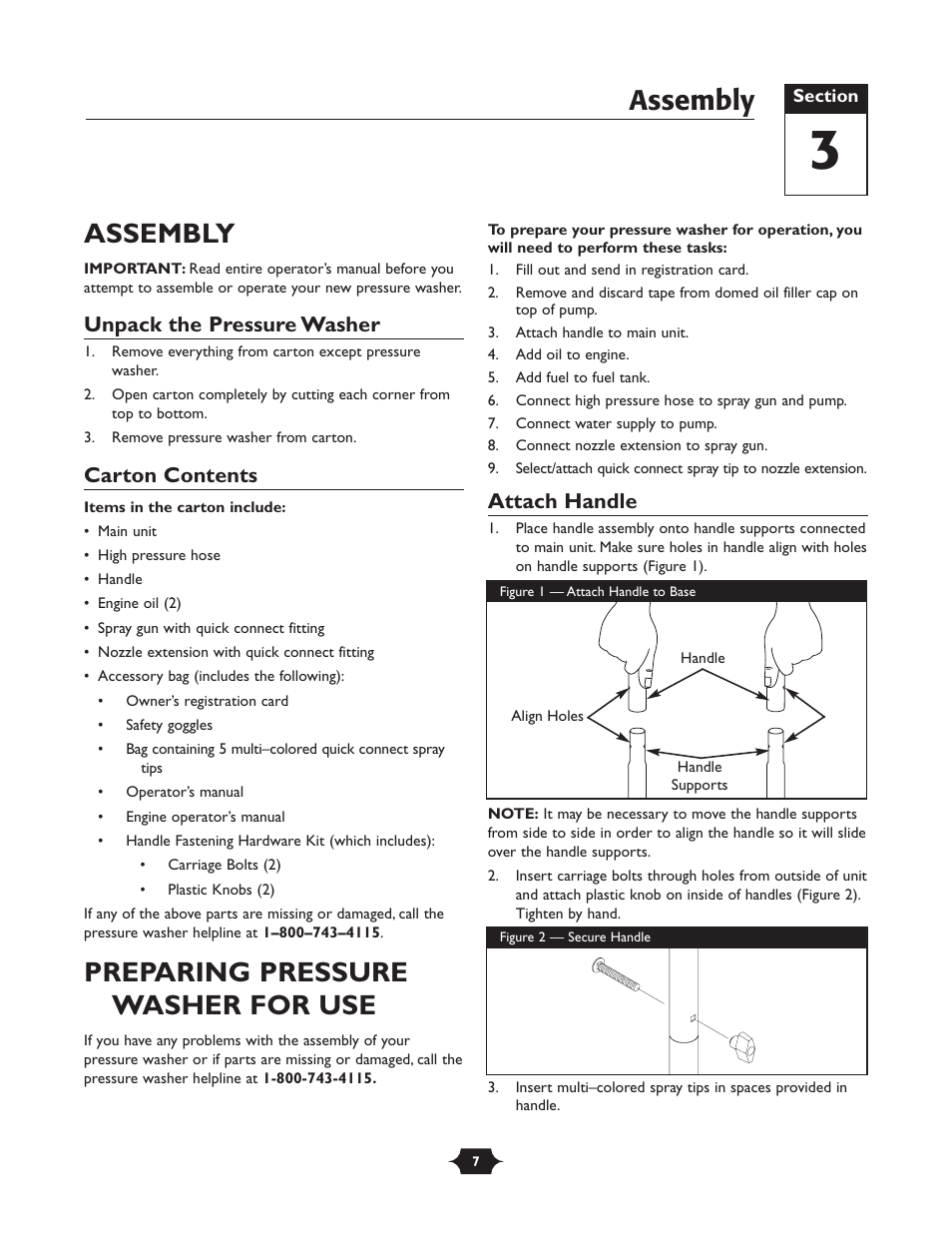 Assembly, Preparing pressure washer for use, Unpack the pressure washer | Carton contents, Attach handle | Briggs & Stratton 20258 User Manual | Page 7 / 36