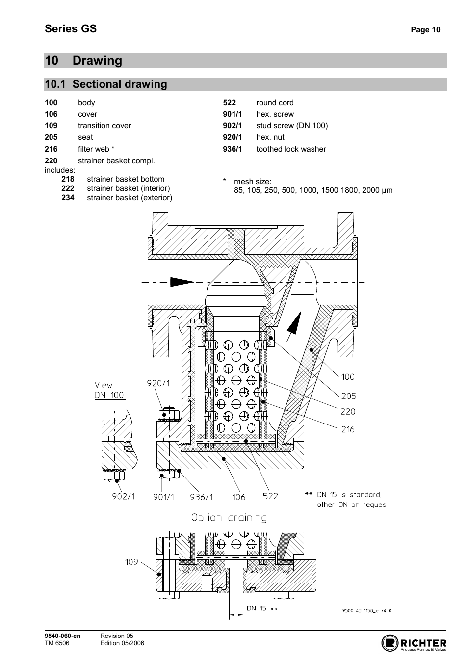 10 drawing, 1 sectional drawing, Sectional drawing | Series gs | Richter GS Series Strainers User Manual | Page 10 / 15