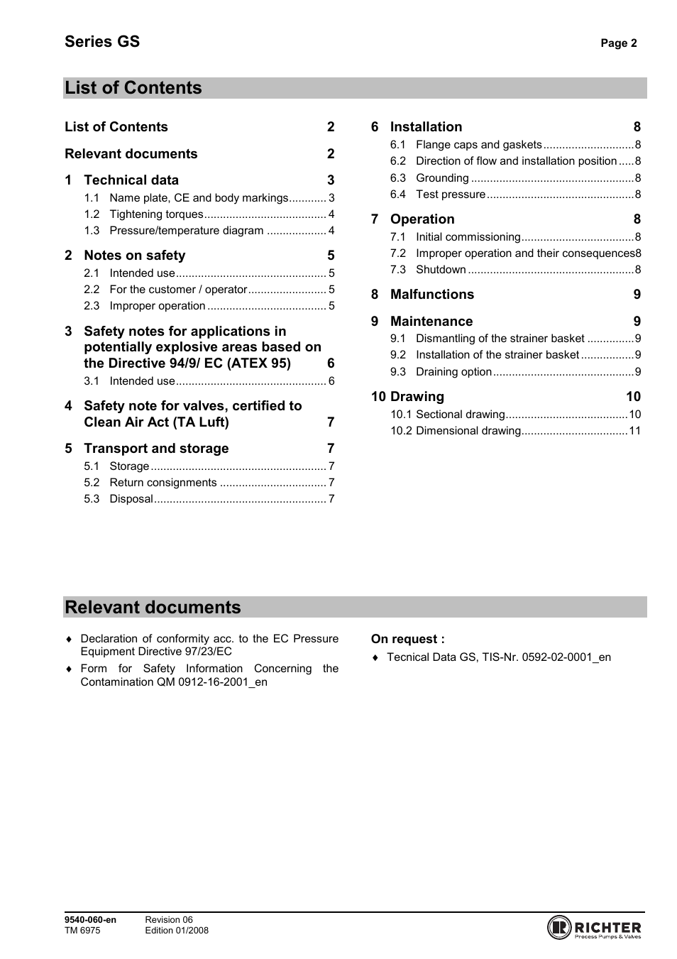 List of contents, Relevant documents, Series gs | Richter GS Series Strainers User Manual | Page 2 / 15