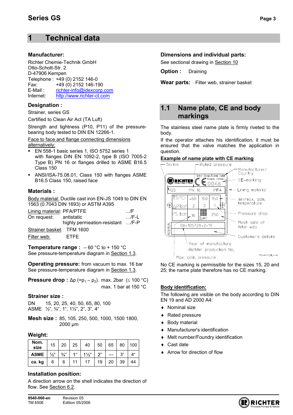 1 technical data, 1 name plate, ce and body markings, Name plate, ce and body markings | 1technical data, Series gs | Richter GS Series Strainers User Manual | Page 3 / 15