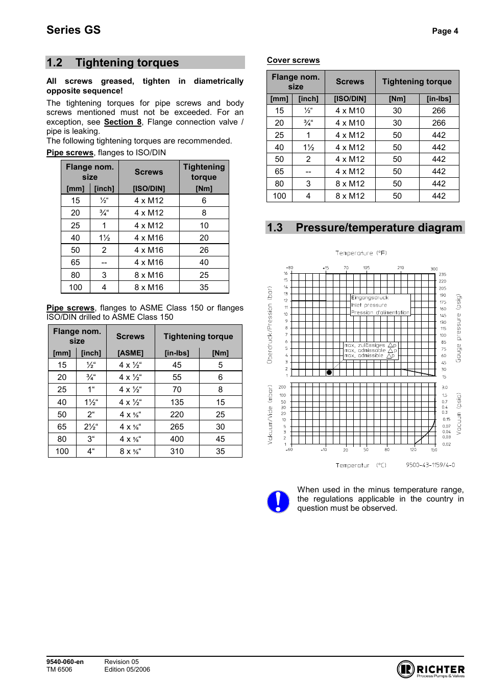 2 tightening torques, 3 pressure/temperature diagram, Tightening torques | Pressure/temperature diagram, Series gs | Richter GS Series Strainers User Manual | Page 4 / 15