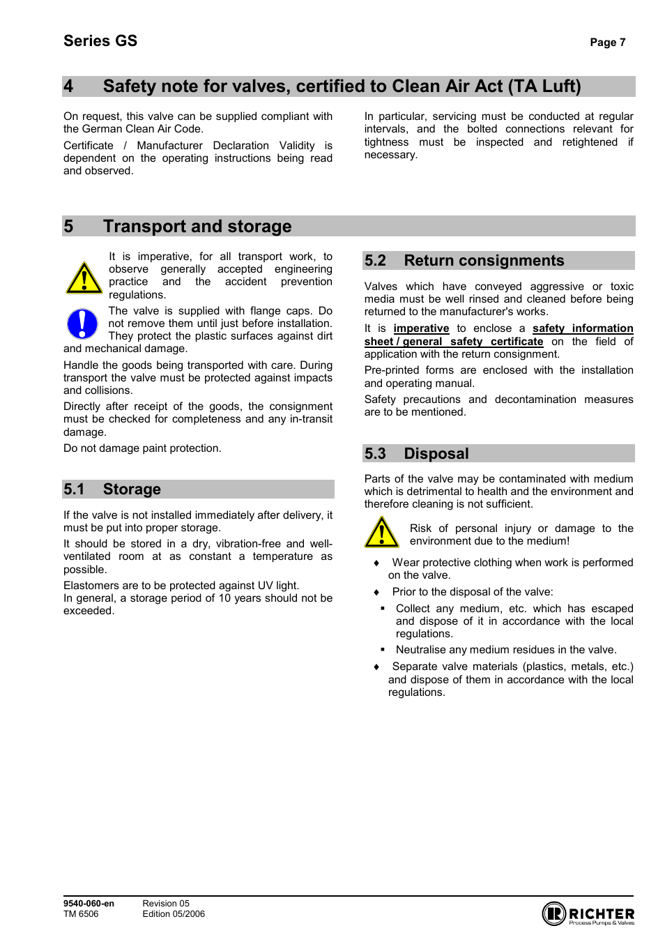 5 transport and storage, 1 storage, 2 return consignments | 3 disposal, Clean air act (ta luft), Storage, Return consignments, Disposal, 5transport and storage, Series gs | Richter GS Series Strainers User Manual | Page 7 / 15