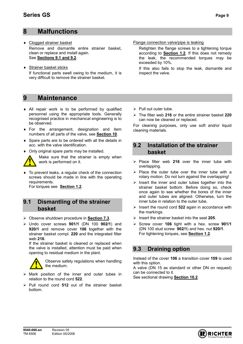 8 malfunctions, 9 maintenance, 1 dismantling of the strainer basket | 2 installation of the strainer basket, 3 draining option, Dismantling of the strainer basket, Installation of the strainer basket, Draining option, 8malfunctions, 9maintenance | Richter GS Series Strainers User Manual | Page 9 / 15