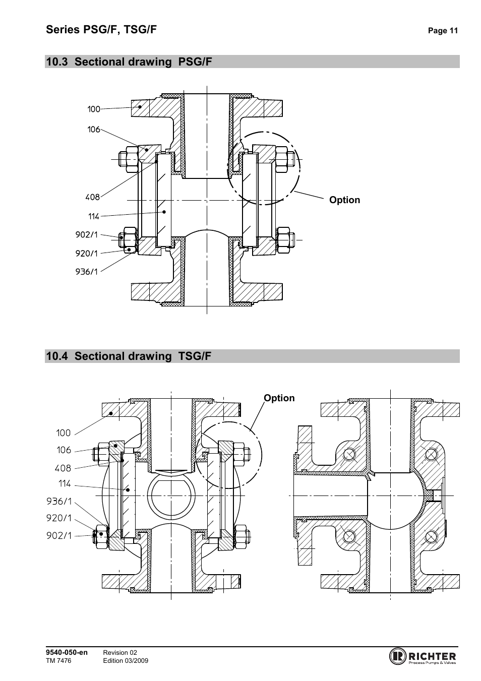 3 sectional drawing psg/f, 4 sectional drawing tsg/f, Sectional drawing psg/f | Sectional drawing tsg/f, Series psg/f, tsg/f | Richter TSG/F Series Sight Glasses User Manual | Page 11 / 17