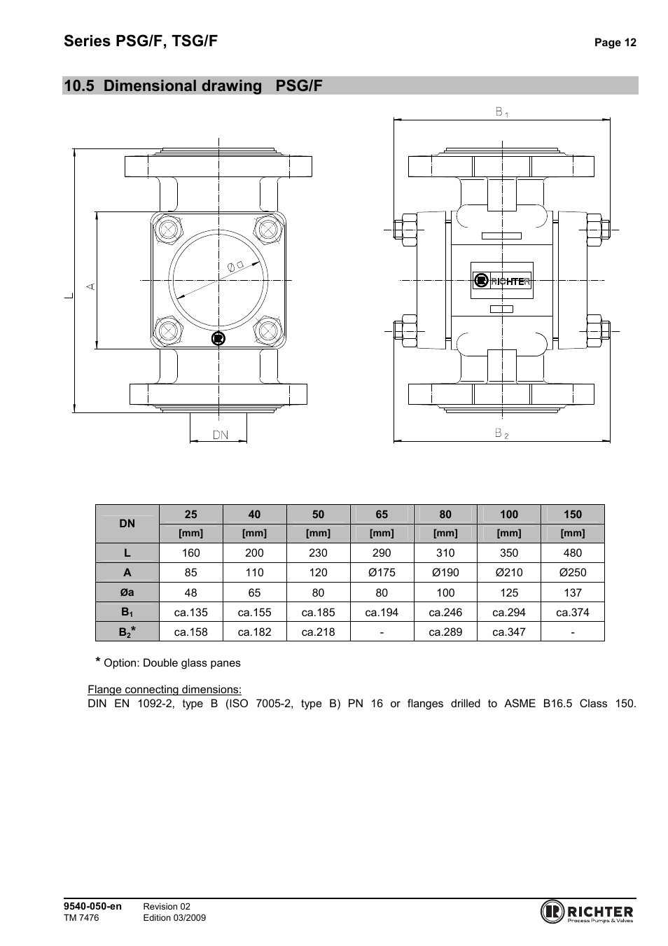 5 dimensional drawing psg/f, Dimensional drawing psg/f, Series psg/f, tsg/f | Richter TSG/F Series Sight Glasses User Manual | Page 12 / 17