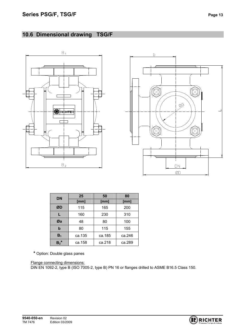 6 dimensional drawing tsg/f, Dimensional drawing tsg/f, Series psg/f, tsg/f | Richter TSG/F Series Sight Glasses User Manual | Page 13 / 17