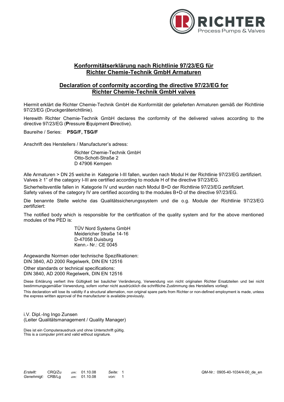 Declaration of conformity | Richter TSG/F Series Sight Glasses User Manual | Page 14 / 17