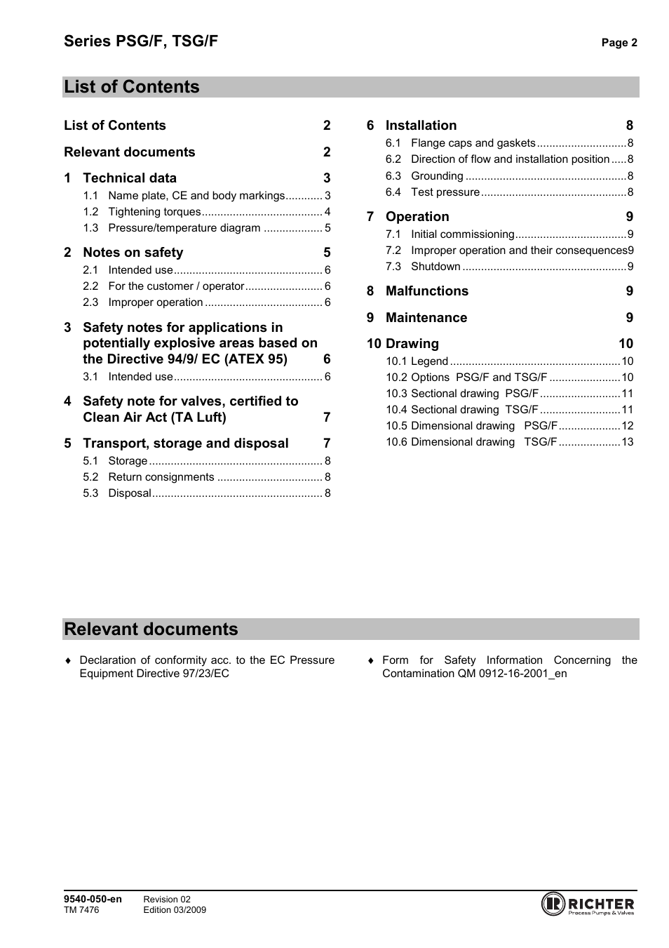 List of contents, Relevant documents, Series psg/f, tsg/f | Richter TSG/F Series Sight Glasses User Manual | Page 2 / 17