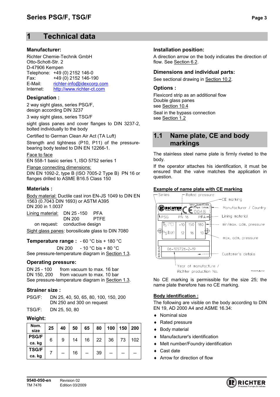 1 technical data, 1 name plate, ce and body markings, Name plate, ce and body markings | 1technical data, Series psg/f, tsg/f | Richter TSG/F Series Sight Glasses User Manual | Page 3 / 17