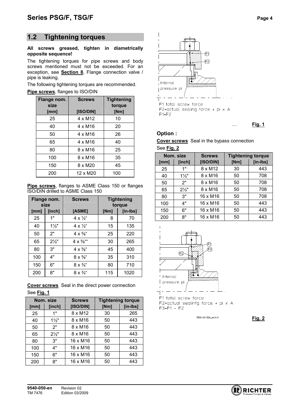 2 tightening torques, Tightening torques, Series psg/f, tsg/f | Richter TSG/F Series Sight Glasses User Manual | Page 4 / 17