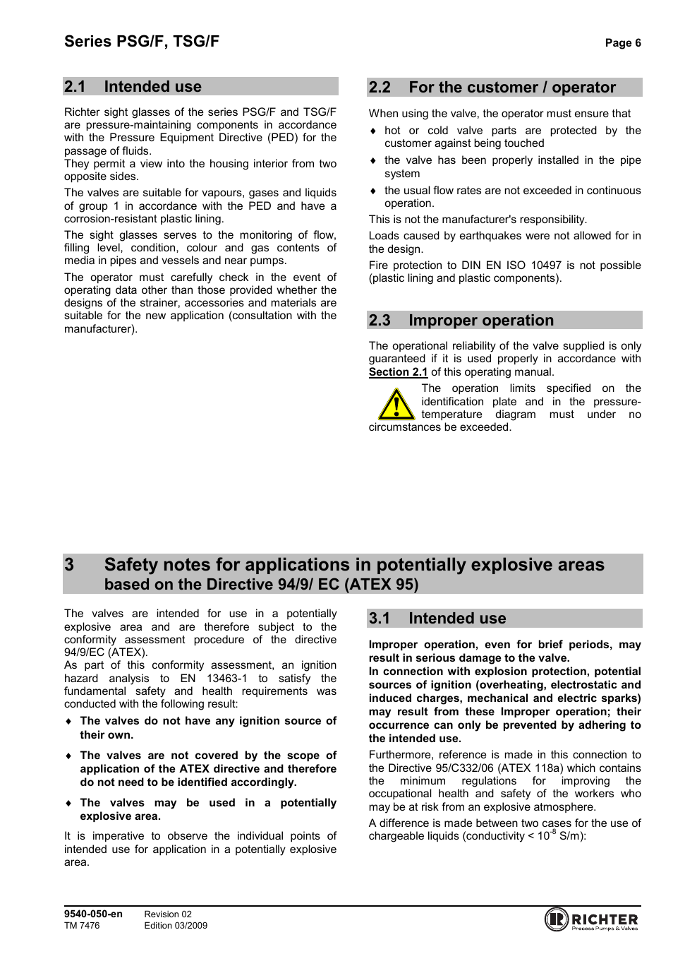 1 intended use, 2 for the customer / operator, 3 improper operation | Intended use, For the customer / operator, Improper operation, The directive 94/9/ ec (atex 95), Series psg/f, tsg/f | Richter TSG/F Series Sight Glasses User Manual | Page 6 / 17