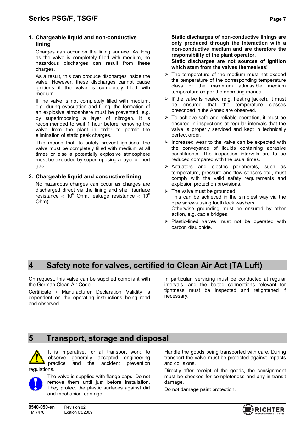 5 transport, storage and disposal, Clean air act (ta luft), 5transport, storage and disposal | Series psg/f, tsg/f | Richter TSG/F Series Sight Glasses User Manual | Page 7 / 17