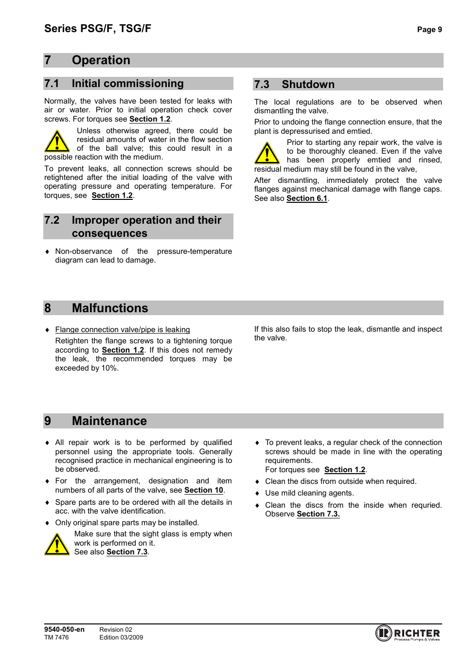 7 operation, 1 initial commissioning, 2 improper operation and their consequences | 3 shutdown, 8 malfunctions, 9 maintenance, Initial commissioning, Improper operation and their consequences9, Shutdown, 7operation | Richter TSG/F Series Sight Glasses User Manual | Page 9 / 17