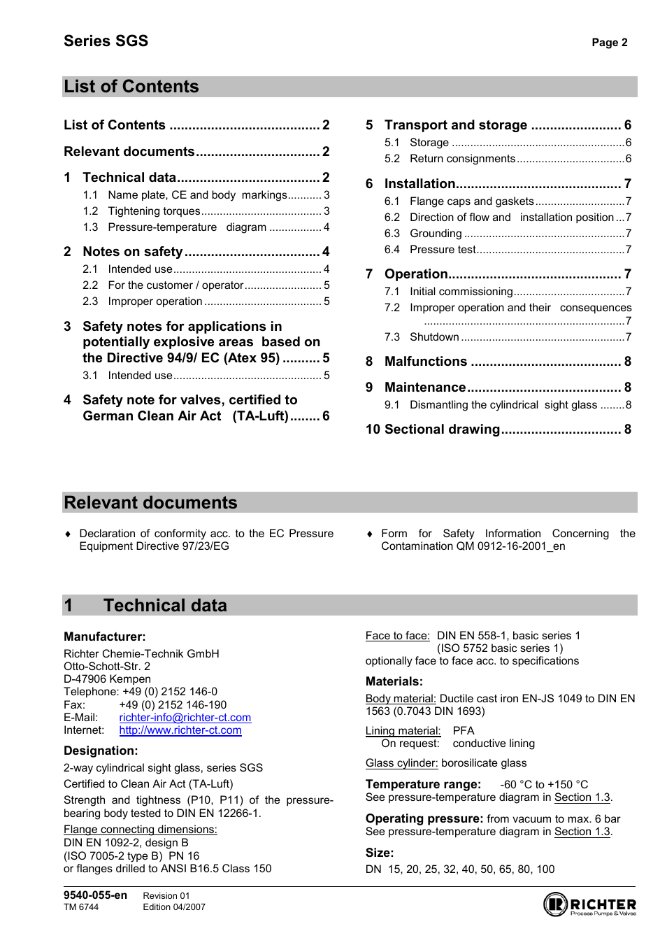 List of contents, Relevant documents, 1 technical data | 1technical data, Series sgs | Richter SGS/F Series Sight Glasses User Manual | Page 2 / 11