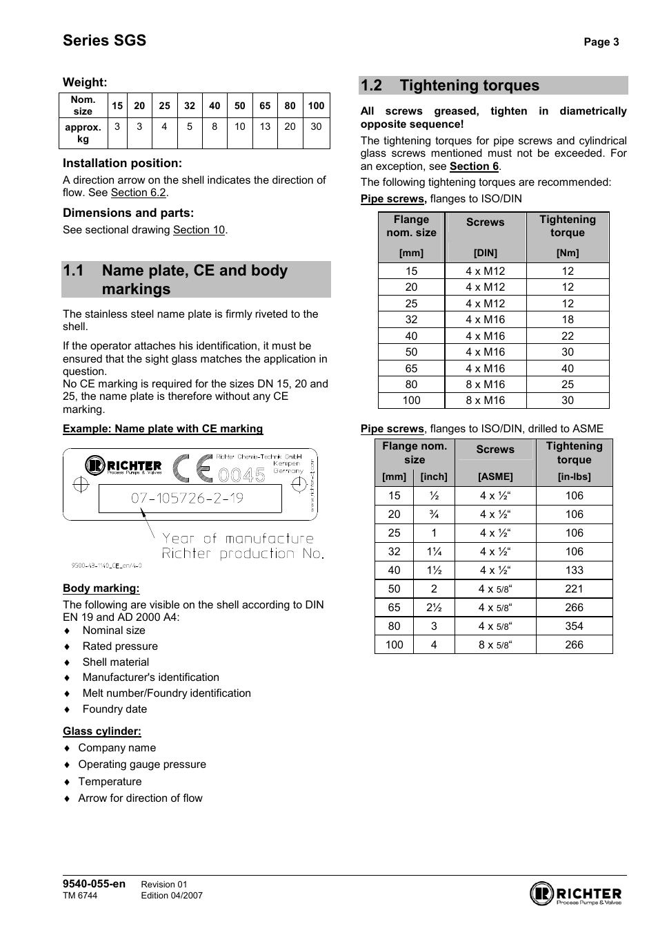 1 name plate, ce and body markings, 2 tightening torques, Name plate, ce and body markings | Tightening torques, Series sgs | Richter SGS/F Series Sight Glasses User Manual | Page 3 / 11