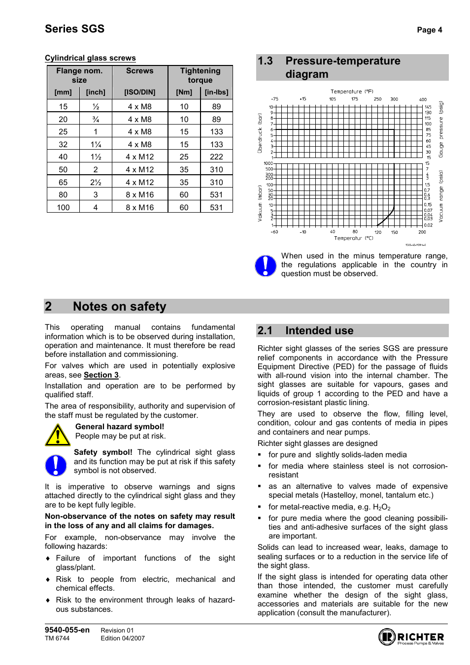 3 pressure-temperature diagram, 2 notes on safety, 1 intended use | Pressure-temperature diagram, Intended use, Series sgs | Richter SGS/F Series Sight Glasses User Manual | Page 4 / 11