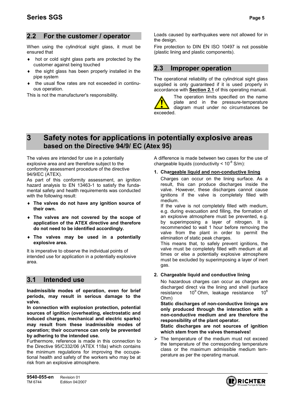 2 for the customer / operator, 3 improper operation, 1 intended use | For the customer / operator, Improper operation, The directive 94/9/ ec (atex 95), Intended use, Series sgs | Richter SGS/F Series Sight Glasses User Manual | Page 5 / 11