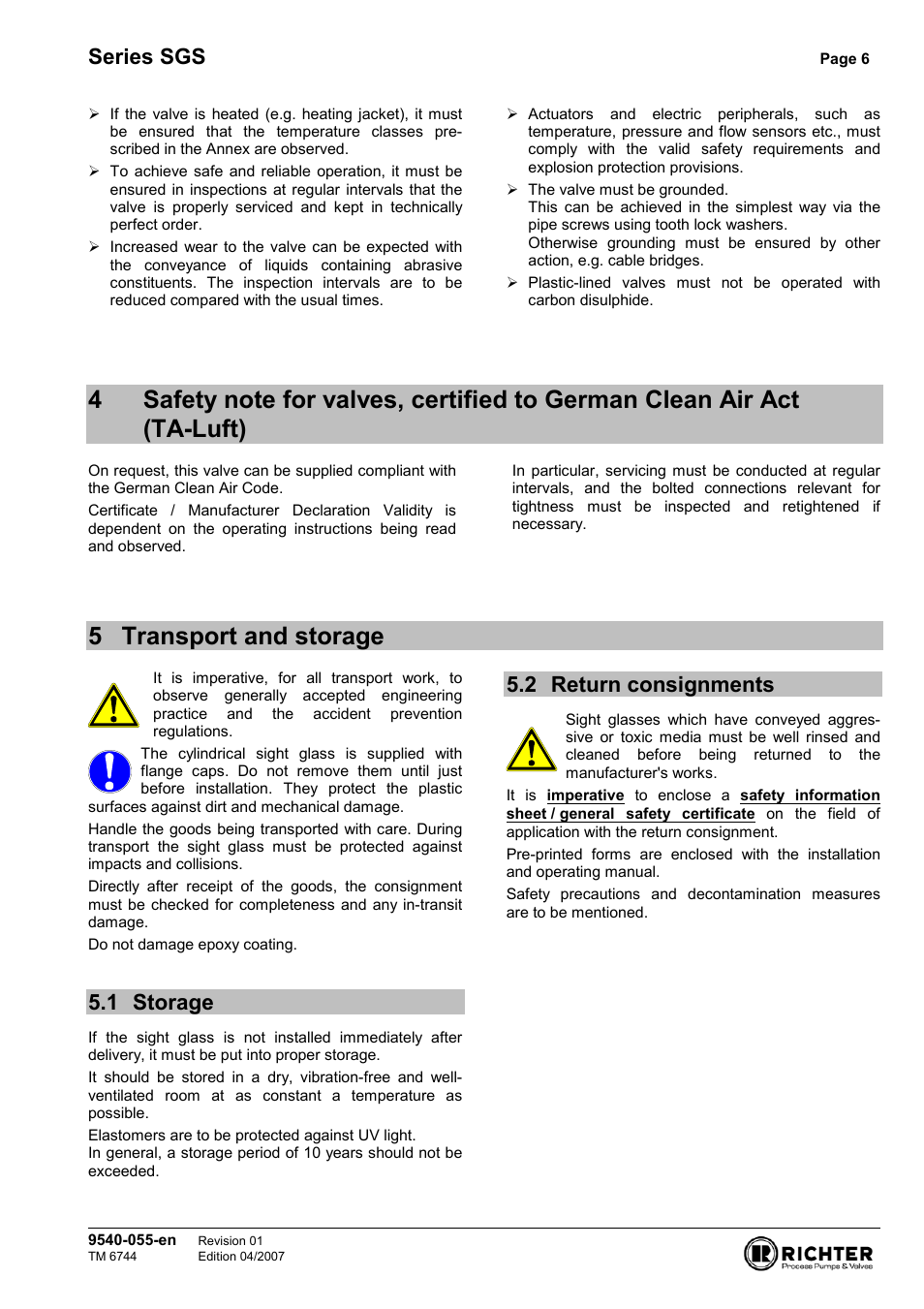 5 transport and storage, 1 storage, 2 return consignments | German clean air act (ta-luft), Storage, Return consignments, Series sgs | Richter SGS/F Series Sight Glasses User Manual | Page 6 / 11