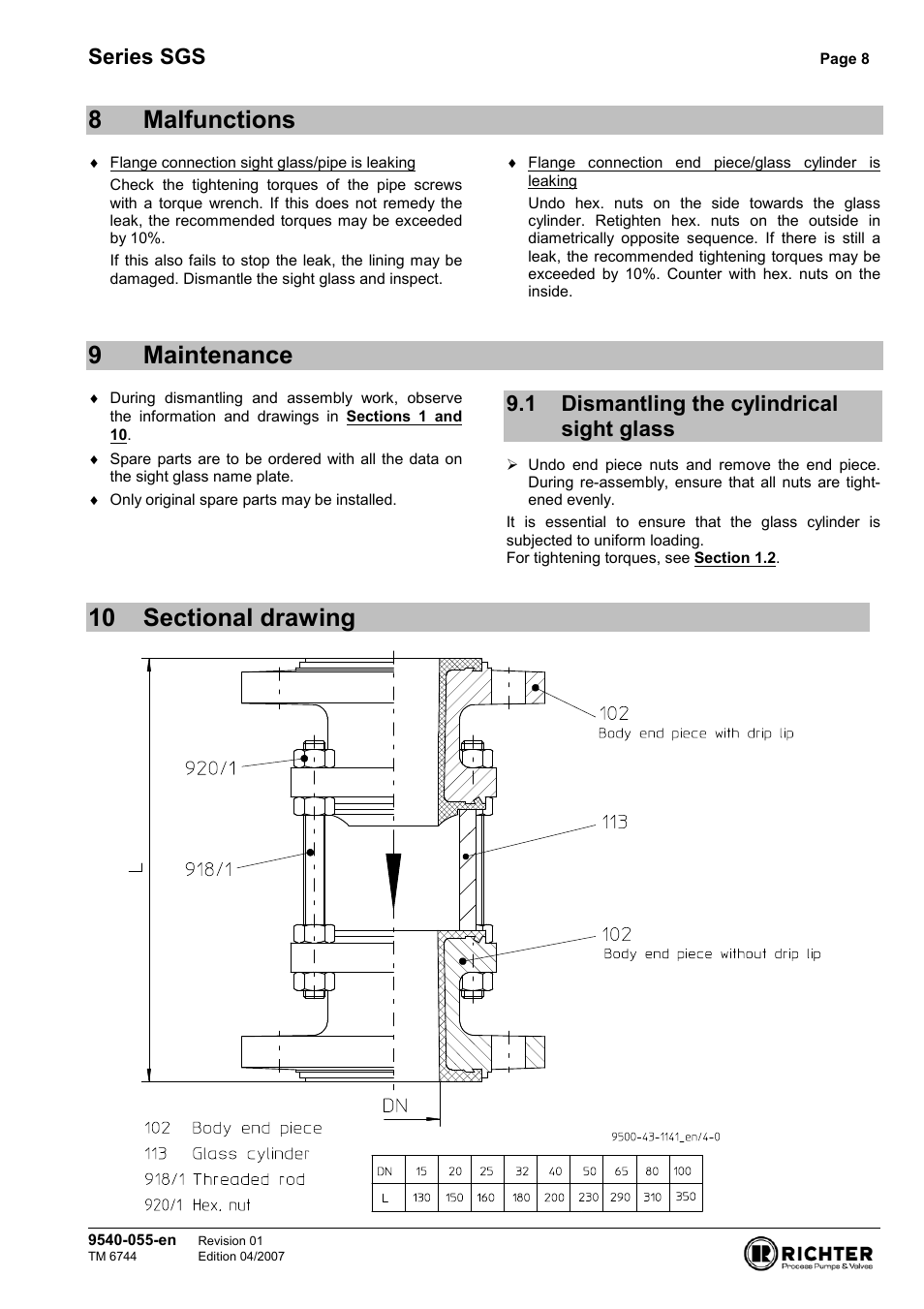 8 malfunctions, 9 maintenance, 1 dismantling the cylindrical sight glass | 10 sectional drawing, Dismantling the cylindrical sight glass, 8malfunctions, 9maintenance, Series sgs | Richter SGS/F Series Sight Glasses User Manual | Page 8 / 11