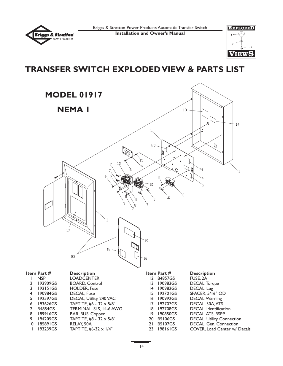 Specificatio, Specifications, Transfer switch exploded view & parts list | Briggs & Stratton 01917-0 User Manual | Page 14 / 40