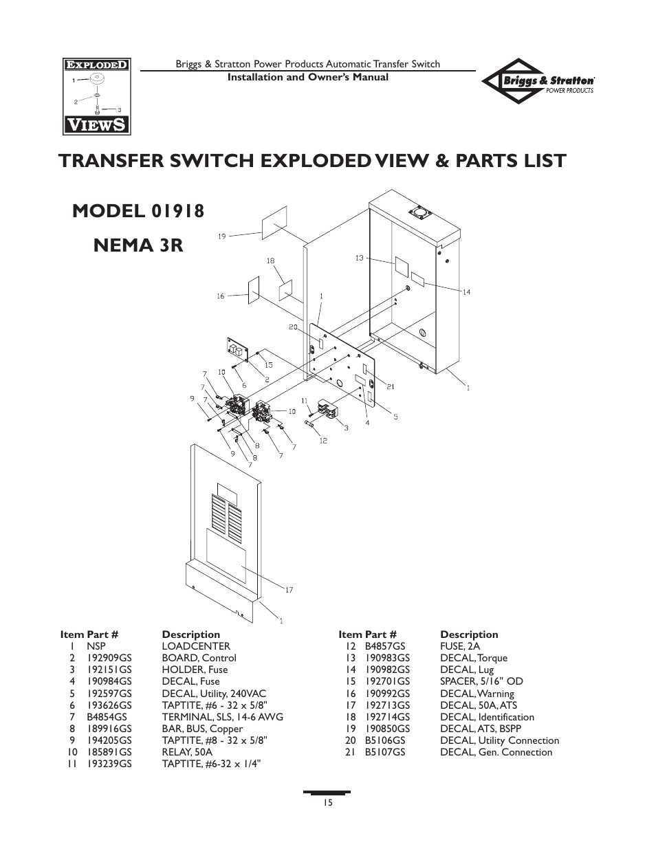 Transfer switch exploded view & parts list | Briggs & Stratton 01917-0 User Manual | Page 15 / 40