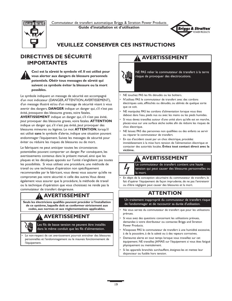 Directives de sécurité importantes, Avertissement, Attention | Avertissement veuillez conserver ces instructions | Briggs & Stratton 01917-0 User Manual | Page 19 / 40