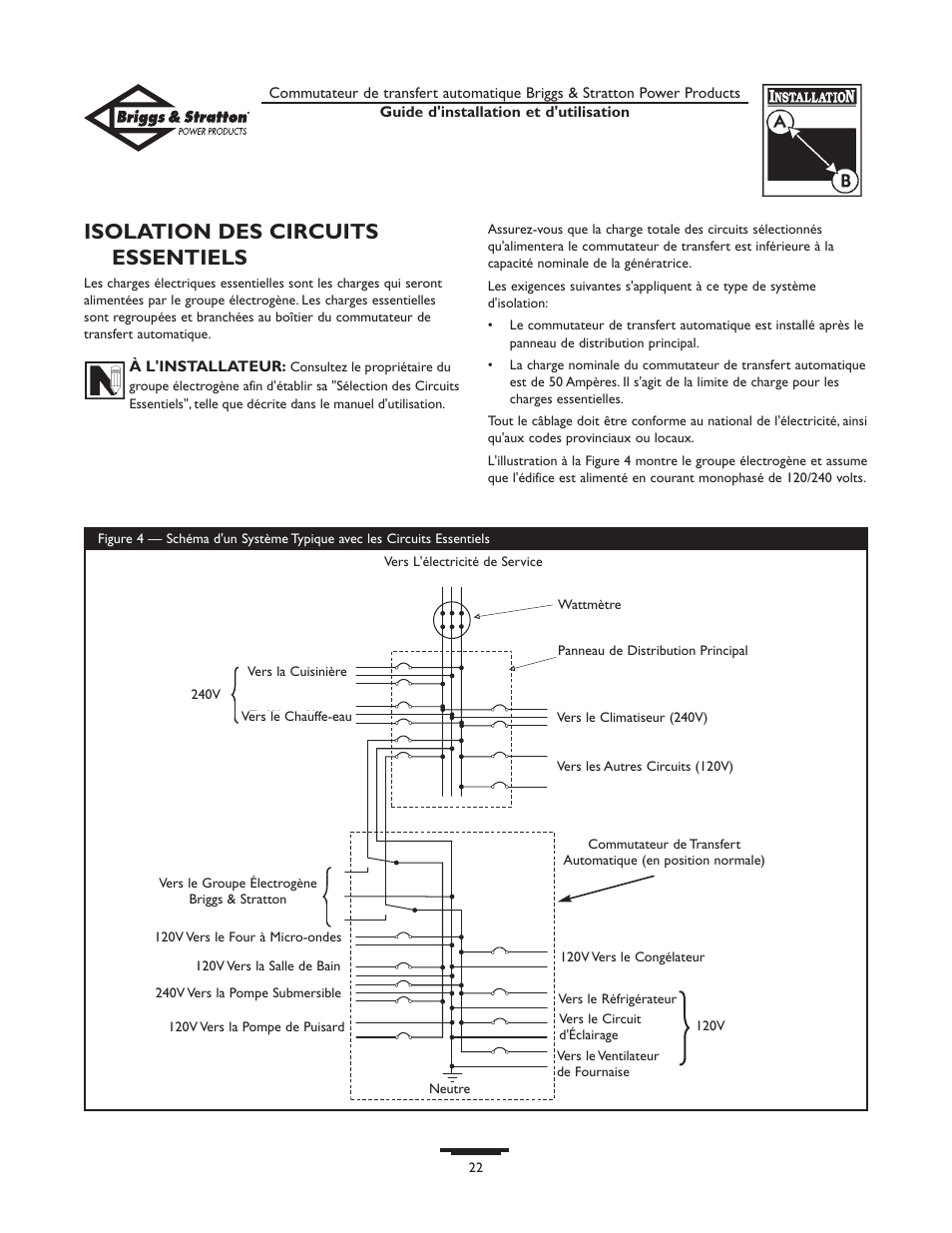 Isolation des circuits essentiels | Briggs & Stratton 01917-0 User Manual | Page 22 / 40