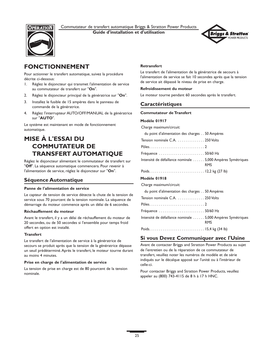 Fonctionnement | Briggs & Stratton 01917-0 User Manual | Page 25 / 40