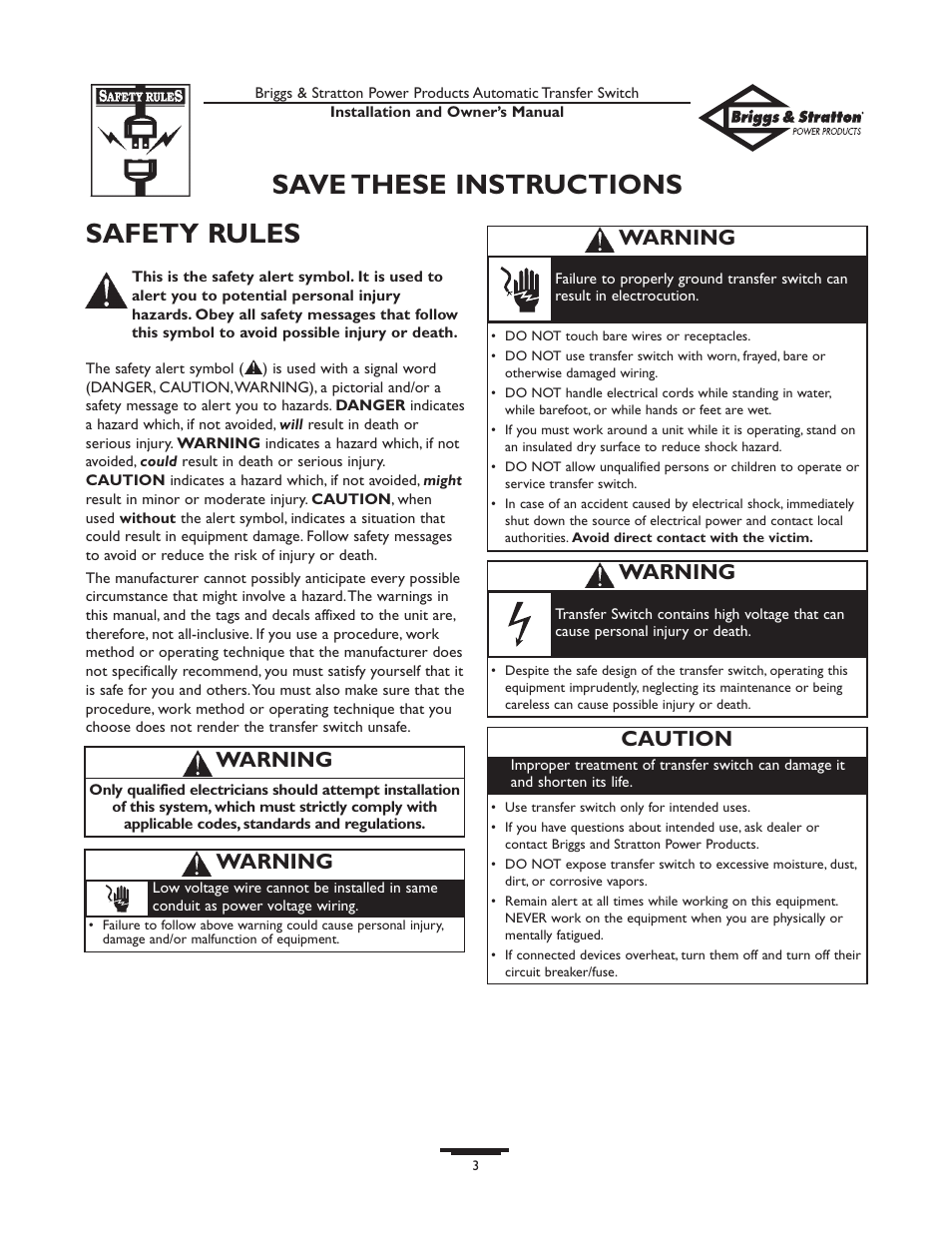 Safety rules, Save these instructions, Warning | Caution | Briggs & Stratton 01917-0 User Manual | Page 3 / 40