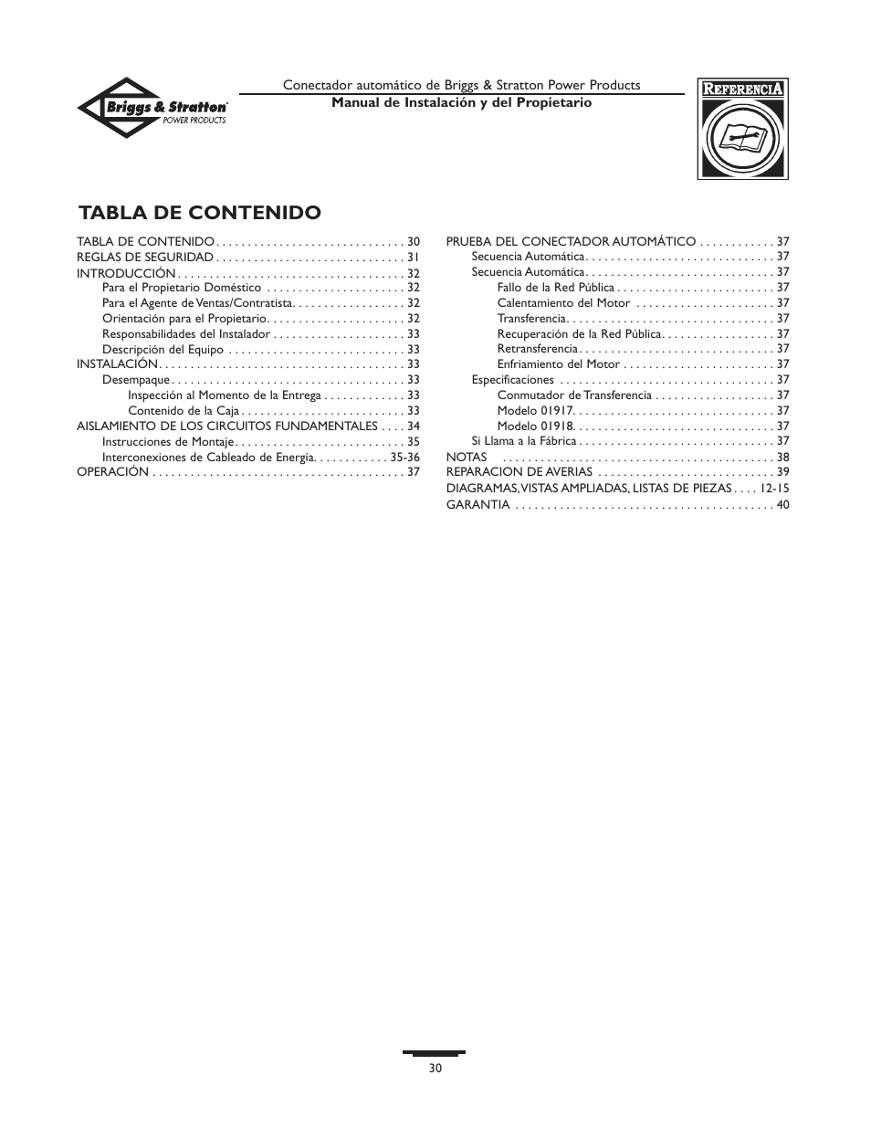 Briggs & Stratton 01917-0 User Manual | Page 30 / 40