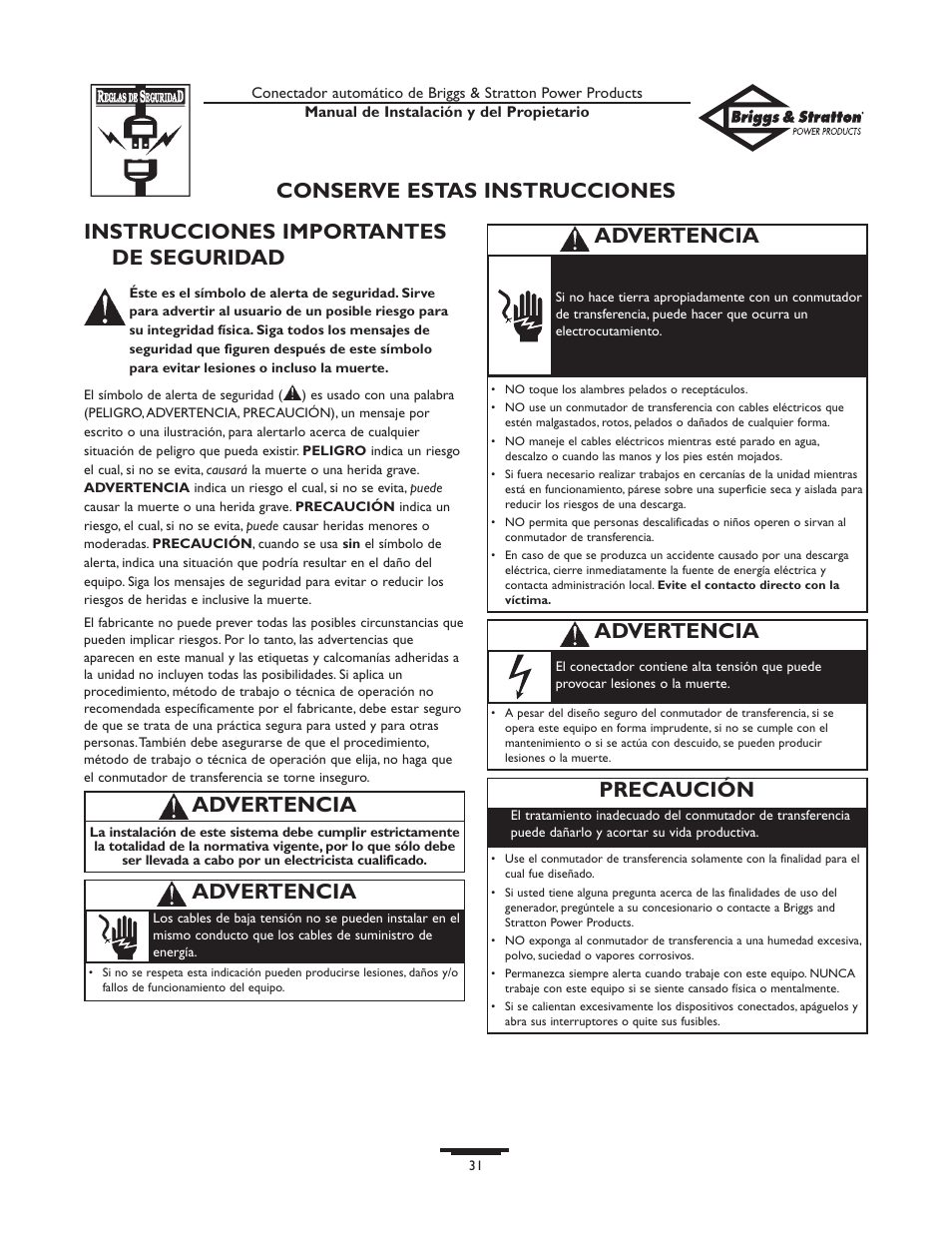 Instrucciones importantes de seguridad, Advertencia, Precaución | Advertencia conserve estas instrucciones | Briggs & Stratton 01917-0 User Manual | Page 31 / 40