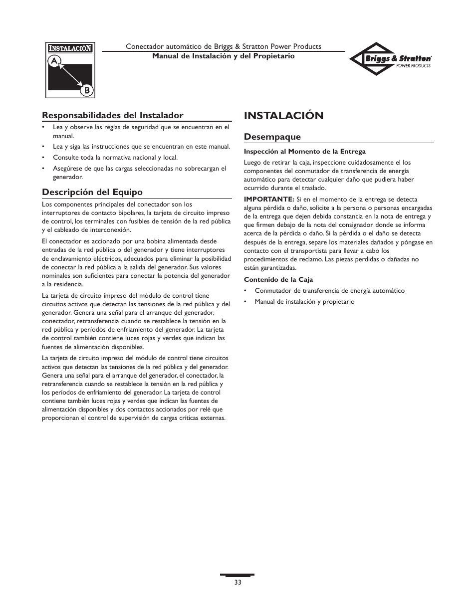 Instalación | Briggs & Stratton 01917-0 User Manual | Page 33 / 40