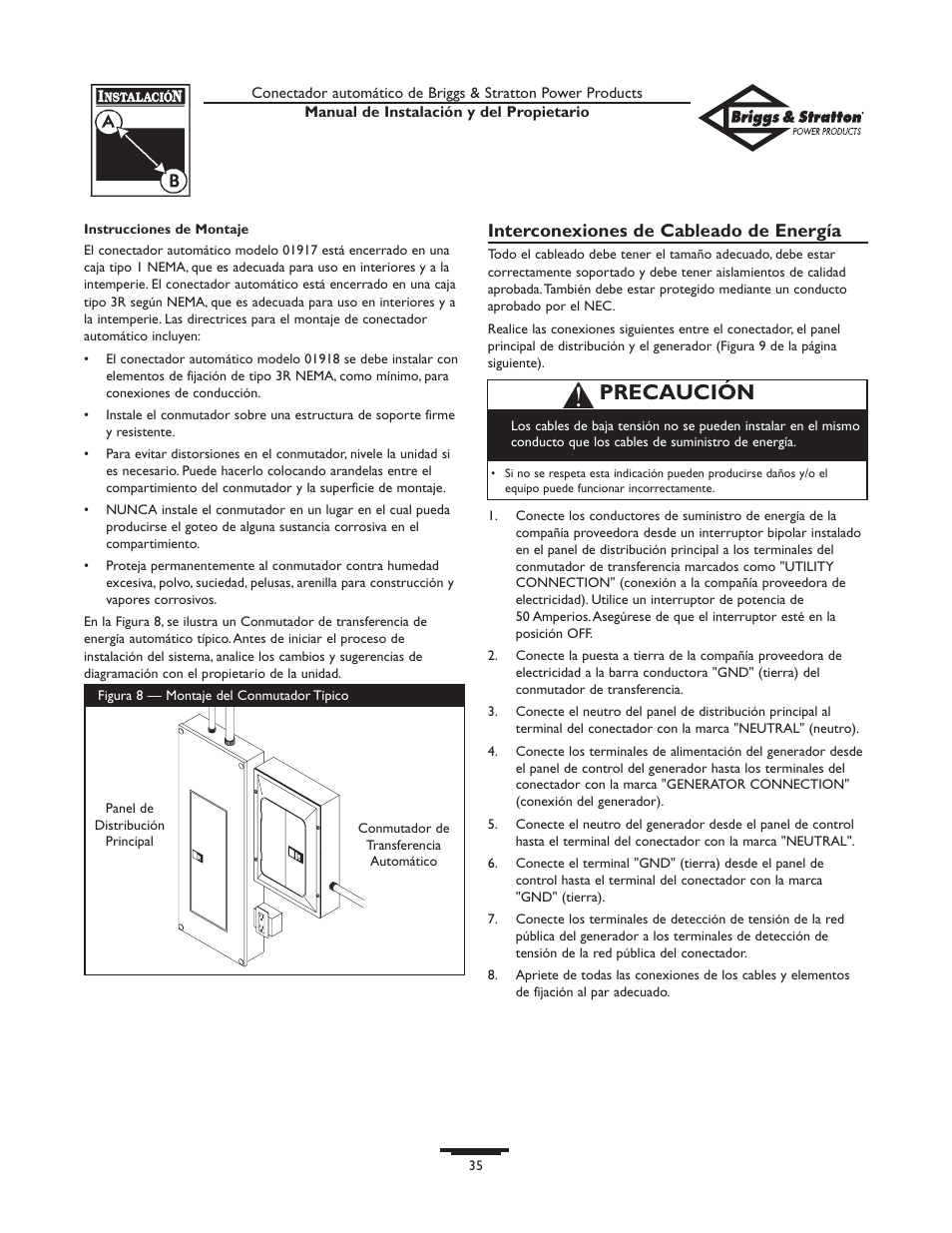 Precaución, Interconexiones de cableado de energía | Briggs & Stratton 01917-0 User Manual | Page 35 / 40