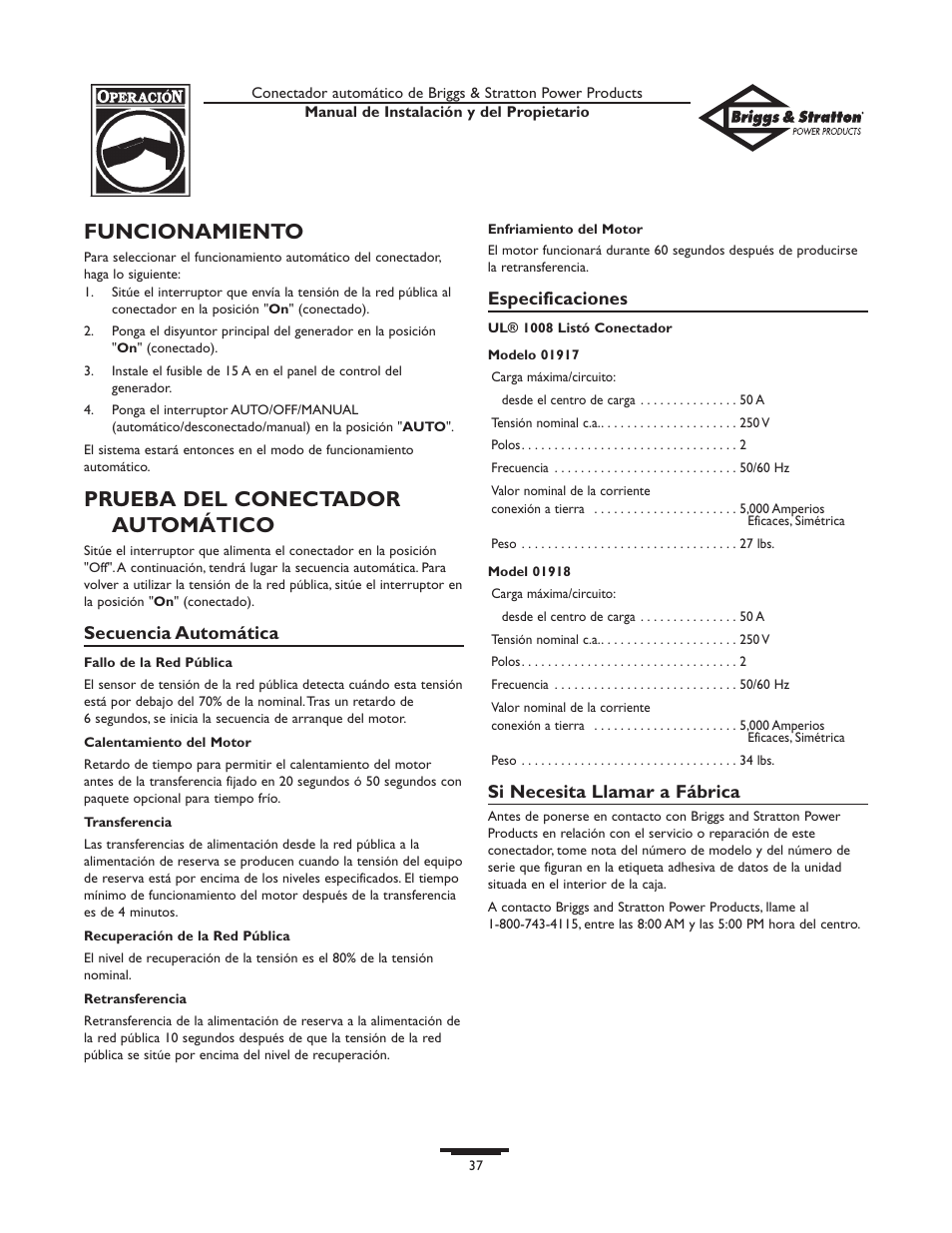 Funcionamiento, Prueba del conectador automático | Briggs & Stratton 01917-0 User Manual | Page 37 / 40