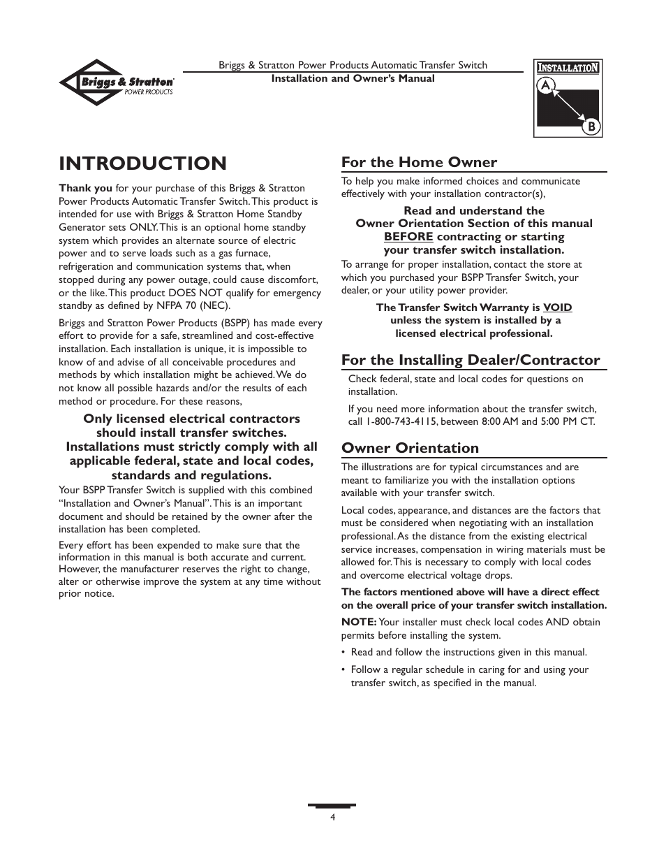 Introductio, Introduction, For the home owner | For the installing dealer/contractor, Owner orientation | Briggs & Stratton 01917-0 User Manual | Page 4 / 40