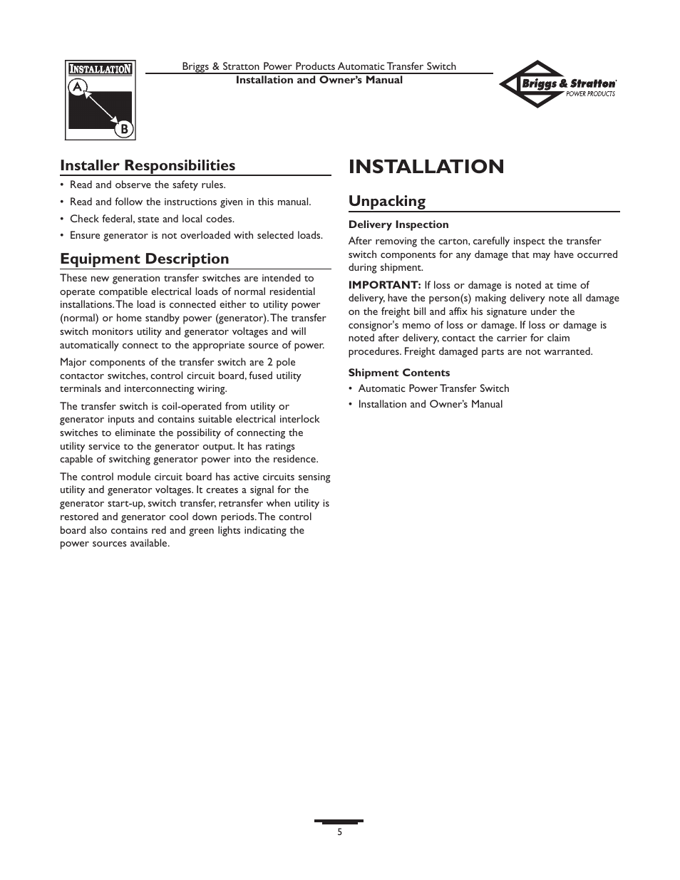 Installation, Installer responsibilities, Equipment description | Unpacking | Briggs & Stratton 01917-0 User Manual | Page 5 / 40