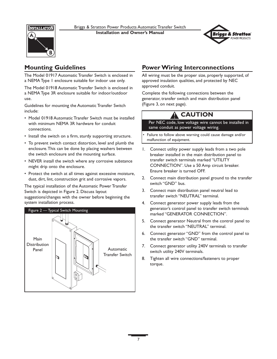 Mounting guidelines, Power wiring interconnections, Caution | Briggs & Stratton 01917-0 User Manual | Page 7 / 40